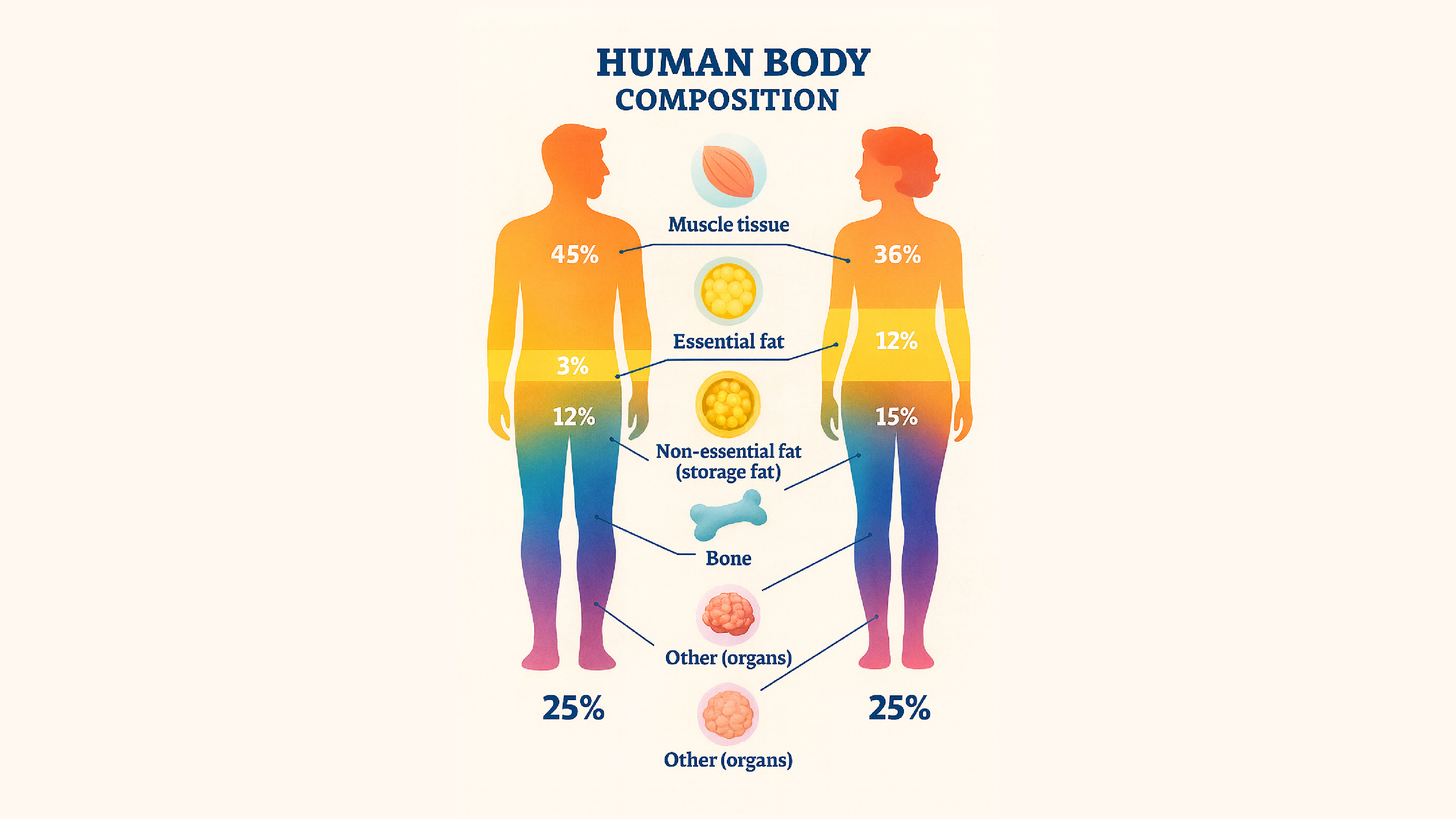 Human body composition analysis diagram showing muscle tissue and fat distribution