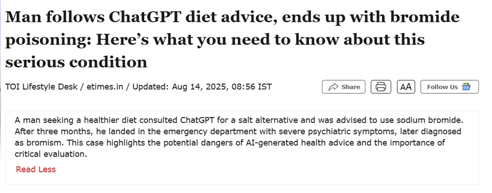 Medical case report showing dangers of AI-generated diet plans